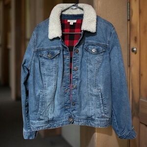Style & Co denim jacket SZ XL loose boxy faux lamb fluffy collar grunge 90’s EUC